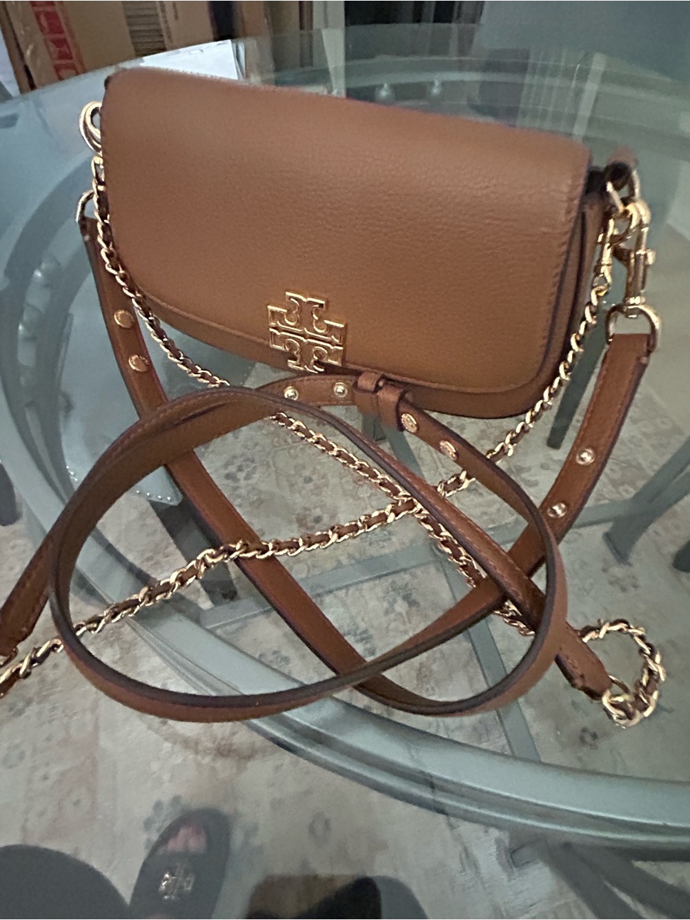 Tory Burch Tan Leather Chain-Accent Crossbody